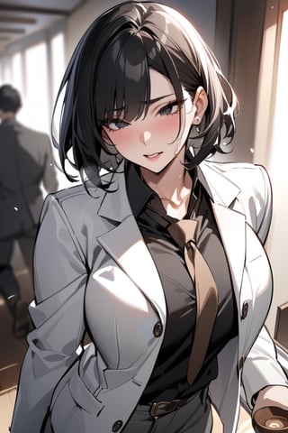 masterpiece, best quality, 1 boy, single, black hair, short hair, bowl haircut, messy hairstyle, sharp eyes, black eyes, school uniform, white jacket, black shirt, brown tie, gray pants,mature female