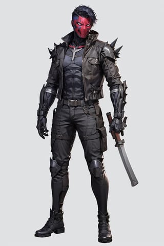 
an accurate and detailed full-body shot of a male superhero character named Wraith, tall and lean bulid, (Crimson half-mask:1.3), exposed cybernetic red eye, grafted cybernetic jawline, (Spiky white fringe hair:1.2), (choppy black undercut hairstyle:1.2), Skintight black ninja-tech suit with crimson energized circuitry, (electric blue biker jacket), asymmetric collar, rolled sleeves, Gunmetal armor plates on shoulders, chest emblem, (Fitted burgundy leather moto-pants), (blue-gray armorized cargo panels), Knee guards, armored greaves, black combat boots, cyberized gunmetal strike gauntlet, Holsters, sheaths, tech-utility pouches, holding an obsidian high-frequency katana, masterpiece, high quality, 4K, raidenmgr, nero, rhdc, a man, red helment, brown leather jacket, gray skintight suit, gloves, belt, boots