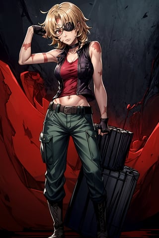 an accurate and detailed full-body shot of a female character named Macey,  (1 girl:2),  athletic and fit,  (Medium-length hair),  (blonde hair with purple streaks),  (wavey with swept bangs hairstyle),  eyepatch over left eye,  purple eye color,  (burn Scars on right side of face and arms),  black choker with spikes,  ((green vest jacket: 1.1)) over a (red tanktop:1.5),  (black military cargo pants:1.5),  Black belt with explosives,  black Fingerless biker gloves,  stylish combat boots,  masterpiece,  high quality,  4K,  blonde hair,  eyepatch,  glasses,  red vest,  ribbon choker,  burn scars,  brown high boots,  fingerless gloves,  minene uryuu,  (eyepatch),  bare arms, blonde hair,