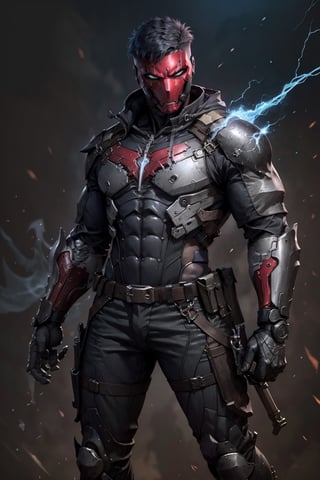 
an accurate and detailed full-body shot of a male superhero character named Wraith, tall and lean bulid, (Crimson half-mask:1.3), exposed cybernetic red eye, grafted cybernetic jawline, (Spiky white fringe hair:1.2), (choppy black undercut hairstyle:1.3), (Skintight black ninja-tech suit with crimson energized circuitry:1.1), (electric blue biker jacket:1.1), asymmetric collar, rolled sleeves, Gunmetal armor plates on shoulders, chest emblem, (Fitted burgundy leather moto-pants), (blue-gray armorized cargo panels), Knee guards, armored greaves, black combat boots, cyberized gunmetal strike gauntlet, Holsters, sheaths, tech-utility pouches, holding an obsidian high-frequency katana, masterpiece, high quality, 4K, raidenmgr, nero, rhdc, a man, red helment, brown leather jacket, gray skintight suit, gloves, belt, boots