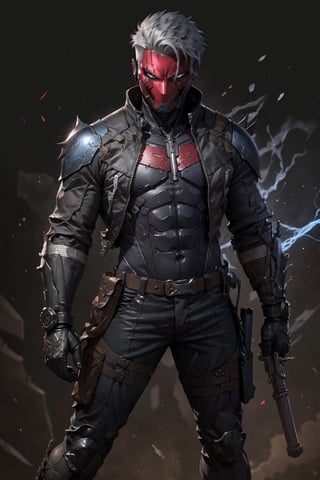 
an accurate and detailed full-body shot of a male superhero character named Wraith, tall and lean bulid, (Crimson half-mask:1.3), exposed cybernetic red eye, grafted cybernetic jawline, (Spiky white fringe hair:1.2), (choppy black undercut hairstyle:1.3), (Skintight black ninja-tech suit with crimson energized circuitry:1.1), (electric blue biker jacket:1.1), asymmetric collar, rolled sleeves, Gunmetal armor plates on shoulders, chest emblem, (Fitted burgundy leather moto-pants), (blue-gray armorized cargo panels), Knee guards, armored greaves, black combat boots, cyberized gunmetal strike gauntlet, Holsters, sheaths, tech-utility pouches, holding an obsidian high-frequency katana, masterpiece, high quality, 4K, raidenmgr, nero, rhdc, a man, red helment, brown leather jacket, gray skintight suit, gloves, belt, boots