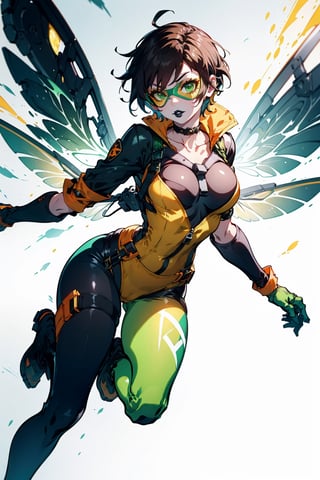 an accurate and detailed full-body shot of a female character named Sheva,  Petite,  athletic,  curvaceous,  Pale and pearlescent skin,  expressive lips with black lipstick,  (Medium length Dark brown hair),  asymmetrical and spiky bangs hairstyle,  her eyes are Sharp and confident with dark green iris and gold highlights,  Green and Yellow Flightsuit,  black corset,  (black and orange leggings),  the word 'PULSE' printed on the leggings,  (Yellow and black athletic combat boots with white trim),  (White chronal accelerator harness attached to the chest),  (Two orange-green insect-wings),  (White gauntlet gloves),  prominent circular belt buckle,  Green goggles on top of her head,  4K,  masterpiece,  high quality,  (green flightsuit), goggles, chest harness, white gloves, insect wings, black lipstick