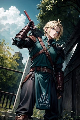 wide full-length shot, action pose, Cole has dirty blonde hair styled with some spikes neat but defiant, His eyes glow blue-green, one eye brighter than the other to show some ancient magic within, He wears a dark green tunic lined with silver plates like an armored SOLDIER uniform, The tunic extends to his knees for ease of movement, Underneath is a black undershirt with one sleeve missing to allow greater shoulder movement, He wears a pauldron on his other shoulder, He wears tough leather gauntlets on both hands and arms, Cole wields a single-edged broadsword reminiscent of the Buster Sword but lighter and engraved with Hylian runes along its fuller, At his waist hangs gadgets like bombs, and a hookshot, His boots appear made for both forest treks and urban missions, Cole's personality echoes his heroic determinations tempered by dark burdens, masterpiece, high quality, 4K, Cloud, ootLink, holding_swor