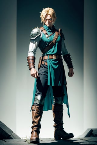 wide full-length shot, action pose, Cole has dirty blonde hair styled with some spikes neat but defiant, His eyes glow blue-green, one eye brighter than the other to show some ancient magic within, He wears a dark green tunic lined with silver plates like an armored SOLDIER uniform, The tunic extends to his knees for ease of movement, Underneath is a black undershirt with one sleeve missing to allow greater shoulder movement, He wears a pauldron on his other shoulder, He wears tough leather gauntlets on both hands and arms, Cole wields a single-edged broadsword reminiscent of the Buster Sword but lighter and engraved with Hylian runes along its fuller, At his waist hangs gadgets like bombs, and a hookshot, His boots appear made for both forest treks and urban missions, Cole's personality echoes his heroic determinations tempered by dark burdens, masterpiece, high quality, 4K, Cloud, ootLink, holding_swor