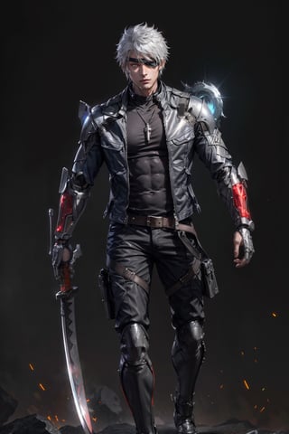 an accurate and detailed full-body shot of a male superhero character named Raider, 1male, Brushed forward spiked white hair, Blue Eyes, (Black tactical eye patch on left eye:1.2), silver pendant necklace, (Black and orange exoskeleton body suit:1.2), (Sleek black and red leather jacket with integrated metallic plating:1.2), Red and white chest plate, (Cybernetic devil gauntlets with glowing red designs:1.3), (Studded leather belt), Blue-gray cargo pants with reinforced leg armor, Gunmetal gray armored greaves, Black combat boots, (holding a High-frequency katana infused with demonic energy), masterpiece, high quality, 4K, raidenmgr, nero