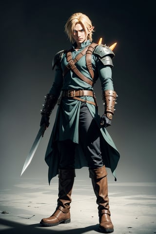 wide full-length shot, action pose, Cole has dirty blonde hair styled with some spikes neat but defiant, His eyes glow blue-green, one eye brighter than the other to show some ancient magic within, He wears a dark green tunic lined with silver plates like an armored SOLDIER uniform, The tunic extends to his knees for ease of movement, Underneath is a black undershirt with one sleeve missing to allow greater shoulder movement, He wears a pauldron on his other shoulder, He wears tough leather gauntlets on both hands and arms, Cole wields a single-edged broadsword reminiscent of the Buster Sword but lighter and engraved with Hylian runes along its fuller, At his waist hangs gadgets like bombs, and a hookshot, His boots appear made for both forest treks and urban missions, Cole's personality echoes his heroic determinations tempered by dark burdens, masterpiece, high quality, 4K, Cloud, ootLink, holding_swor