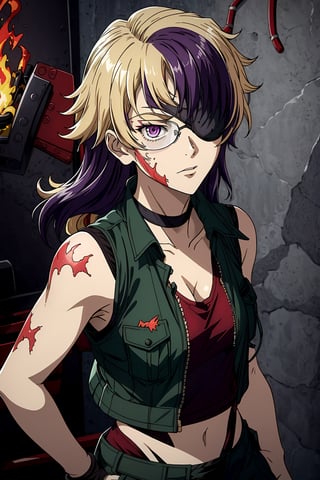 an accurate and detailed full-body shot of a female character named Macey, (1 girl:2), athletic and fit, (Medium-length hair), (blonde hair with purple streaks:1.3), (wavey with swept bangs hairstyle), eyepatch over left eye, purple eye color, (burn Scars on right side of face and arms), black choker with spikes, (red tank top:1.7) with an (open green vest jacket:1.4) (high collar), (black military cargo pants:1.5), Black belt with explosives, black Fingerless biker gloves, stylish combat boots, masterpiece, high quality, 4K, blonde hair, eyepatch, glasses, red vest, ribbon choker, burn scars, brown high boots, fingerless gloves, minene uryuu, (eyepatch), bare arms