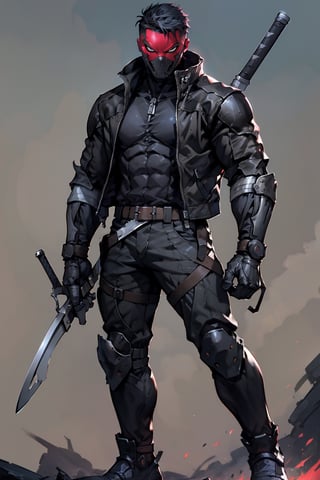 
an accurate and detailed full-body shot of a male superhero character named Wraith, tall and lean bulid, (Crimson half-mask:1.3), exposed cybernetic red eye, grafted cybernetic jawline, (Spiky white fringe hair:1.2), (choppy black undercut hairstyle:1.2), (Skintight black ninja-tech suit with crimson energized circuitry:1.2), (electric blue biker jacket:1.2), asymmetric collar, rolled sleeves, Gunmetal armor plates on shoulders, chest emblem, (Fitted burgundy leather moto-pants), (blue-gray armorized cargo panels), Knee guards, armored greaves, black combat boots, cyberized gunmetal strike gauntlet, Holsters, sheaths, tech-utility pouches, (holding an obsidian high-frequency katana), masterpiece, high quality, 4K, raidenmgr, nero, rhdc, a man, red helment, brown leather jacket, gray skintight suit, gloves, belt, boots,