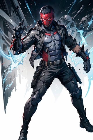 
an accurate and detailed full-body shot of a male superhero character named Wraith, tall and lean bulid, (Crimson half-mask:1.3), exposed cybernetic red eye, grafted cybernetic jawline, (Spiky white fringe hair:1.2), (choppy black undercut hairstyle:1.2), (Skintight black ninja-tech suit with crimson energized circuitry:1.1), (electric blue biker jacket:1.1), asymmetric collar, rolled sleeves, Gunmetal armor plates on shoulders, chest emblem, (Fitted burgundy leather moto-pants), (blue-gray armorized cargo panels), Knee guards, armored greaves, black combat boots, cyberized gunmetal strike gauntlet, Holsters, sheaths, tech-utility pouches, (holding an obsidian high-frequency katana), masterpiece, high quality, 4K, raidenmgr, nero, rhdc, a man, red helment, brown leather jacket, gray skintight suit, gloves, belt, boots,