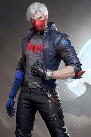 an accurate and detailed full-body shot of a male superhero character named Redon, 1male, (Red half-face mask covering mouth:1.3), Tousled silver-white punk-rock hair, (Blue Eyes:1.2), (Stylish blue leather jacket with tactical elements), silver zippers and buckles, (Black undershirt:1.5), (right arm has a Metallic-blue cyberized gauntlet:1.4), bare left arm,  (red arcane Bat symbol on chest:1.5), distressed leather moto pants, armored greaves, Knee guards, black combat boots, 4K, best quality, masterpiece, 4K, nero, rhdc, a man, gray skintight suit, gloves, belt, boots, red helmet, brown leather jacket