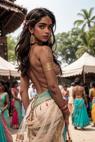concept art, Merit, perfecthands, beautiful little girl, tomboy indian princess enjoting a festival, nsfw, empty hands, lehenga, freckles, smug, fantasy, colorful, teasing, ((topless:1.2))), 14years old,  (((1 dark skinned indian girl))),sks woman, from_behind