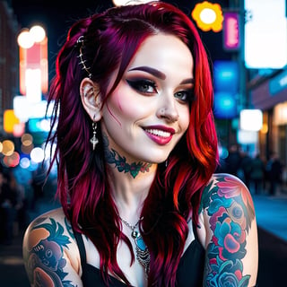 1girl, pink-emo, (((piercings, septum_ring, tattoos, face tattoos))), ginger, frecckes, (long wavy red hair), seductive smile, urban nightime setting, bokeh