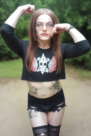 score_9,score_8_up, score_7_up, score_6_up,hyper realism, photo realistic, 8k, digital slr, full body photo, ophelia, solo, long hair glasses,((tattoos, piercings)), looking at viewer, emo, tight band shirt, torn shorts, thigh highs, (((outdoors, gritty urban backdrop,bokeh))) ,pink-emo