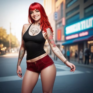 score_9,score_8_up, score_7_up, score_6_up, score_5_up, score_4_up,hyper realism, photo realistic, 8k, digital slr, 1girl, pink-emo,slim toned physique,(((piercings, septum_ring, tattoos, face tattoos))), ginger, freckles ,green eyes, (bright red hair, blonde tips, flowing, long, wavy), black tank top, shorts, smile, urban nightime setting, bokeh, glamour shot from waist up