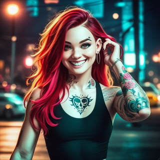 score_9,score_8_up, score_7_up, score_6_up, score_5_up, score_4_up,hyper realism, photo realistic, 8k, digital slr, 1girl, pink-emo,(slim toned physique),(((piercings, septum_ring, tattoos, face tattoos))), ginger, freckles , (bright red hair, blonde tips, flowing, long, wavy), black tank top, small breasts,shorts, smile, urban nightime setting, bokeh,pink-emo