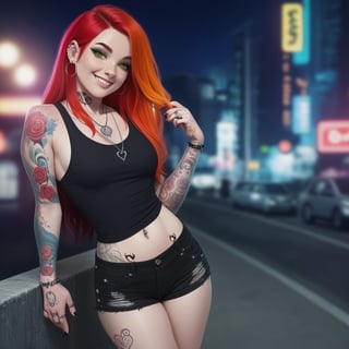 score_9,score_8_up, score_7_up, score_6_up, score_5_up, score_4_up,hyper realism, photo realistic, 8k, digital slr, 1girl, pink-emo,slim toned physique,(((piercings, septum_ring, tattoos, face tattoos))), ginger, freckles ,green eyes, (bright red hair, blonde tips, flowing, long, wavy), black tank top, shorts, smile, urban nightime setting, bokeh, glamour shot from waist up,pink-emo