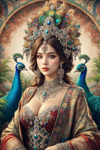 busty and sexy girl, 8k, masterpiece, ultra-realistic, best quality, high resolution, high definition, Peacock feather, hair ornament, jewelry, earrings, necklace, headdress, gem, pearl, peacock feather, colorful, intricate details, mucha style