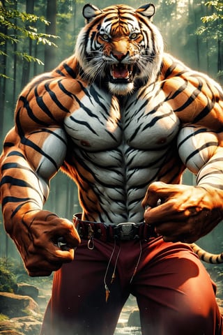 8k, masterpiece, ultra-realistic, best quality, high resolution, high definition, ,tiger boy, tribal pants, muscular, claws, forest