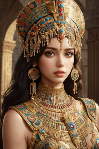 busty and sexy girl, 8k, masterpiece, ultra-realistic, best quality, high resolution, high definition, Beautiful ancient Egyptian lady, wearing sleeveless tunic worn, beautiful female figure,Long straight hair, ,ancient egyptian clothes,1 girl, (face portrait), Style: hyper-realistic, 8k Ultra HD, inspired by Pixar, Cinema 4D,Egypt,young girl,egyptian