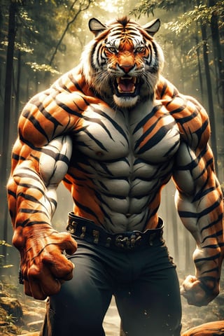 8k, masterpiece, ultra-realistic, best quality, high resolution, high definition, ,tiger boy, tribal pants, muscular, claws, forest