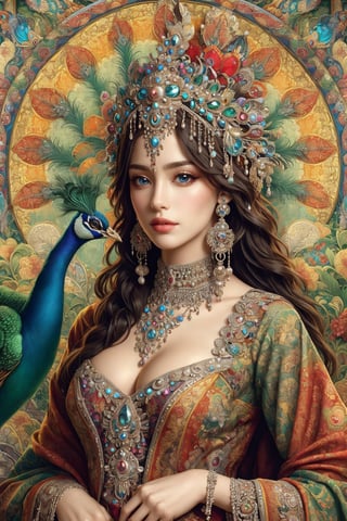busty and sexy girl, 8k, masterpiece, ultra-realistic, best quality, high resolution, high definition, Peacock feather, hair ornament, jewelry, earrings, necklace, headdress, gem, pearl, peacock feather, colorful, intricate details, mucha style