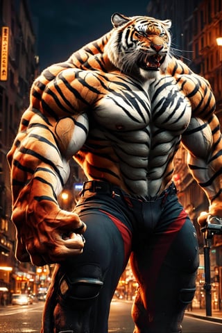 8k, masterpiece, ultra-realistic, best quality, high resolution, high definition, ,tiger boy, pants, muscular, claws, night city background