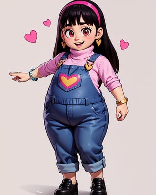 abby, 1girl, solo,  long hair, bangs,  black hair, jewelry, standing, full body, heart, hairband, earrings, bracelet, sweater, turtleneck, female child, overalls, chubby, pink hairband, smile, pixar style