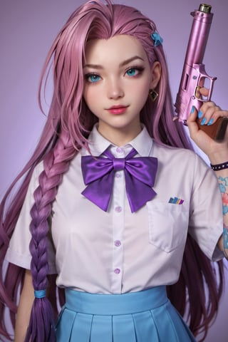 source_anime, score_9, score_6_up, score_5_up, Seraphine, league_of_legends, jinx, big_breast, realistic, magic girl, gun, seifuku, purple hair, portrait,
