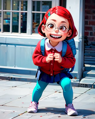 meilee, 1 girl, , parted hair, brown eyes, hair ornament, red hair, smile, neck-length hair, hairclip, long sleeves, glasses, collared shirt,  skirt, backpack,  thin silver glasses, teal hairclip, white collar, blue skirt, gray sneakers, chocker, perfect hands, mauve leggings, red cardigan