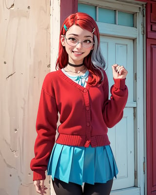 meilee, 1 girl, , parted hair, brown eyes, hair ornament, red hair, smile, neck-length hair, hairclip, long sleeves,    skirt,  thin silver glasses, teal hairclip,  chocker,  mauve leggings, red cardigan