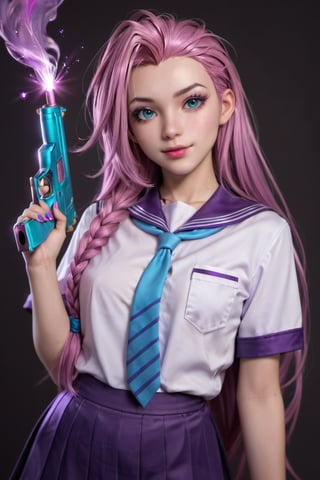 source_anime, score_9, score_6_up, score_5_up, Seraphine, league_of_legends, jinx, big_breast, realistic, magic girl, gun, seifuku, purple hair, portrait,
