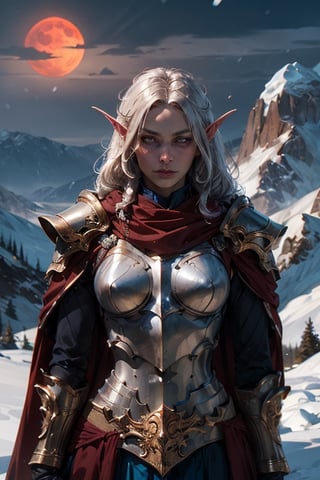 upper body of a slender paladin elf lady in ornate blue metal armor with gold fillegre, extra large ornate blue pauldrons with gold trim fillegre, ornate breastplate with fillegre,  very long twin_braids,  honey_blonde hair,  hazel eyes,  bright pupils,  eye focus, long red cape, standing on snow covered field,  high mountain range in the distant background, snow is falling lightly, winter, midnight,  red_moonlight, medium red moon , particles,  light beam,  chromatic aberration, small breasts, brown leather gloves, pale_skin,  slender, smooth_skin, detailed_eyes,  Silver jewelry, looking at camera, dented armor, fur trimmed clothing, round face, blue dragon flying away in the distant background, padded gambeson, long_sleeve,