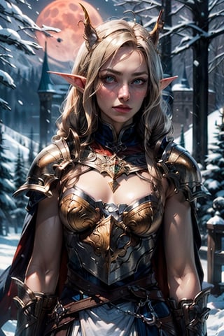 upper body of paladin girl in ornate blue heavy metal armor with gold trim and celtic designs, extra large ornate blue pauldrons with gold trim celtic designs, ornate breastplateceltic designs,  extra long twin_braids,  honey_blonde hair,  hazel eyes,  bright pupils,  eye focus, long red cape, standing on top of castle wall with a high mountain range in the background covered in pine trees and snow, snow is falling lightly, winter, midnight,  red_moonlight, 2moons, large red moon in the center, medium sized silver moon in the back ground, particles,  light beam,  chromatic aberration, elf ears, fantasy, small breasts,leather gloves, pale_skin, determined, hero,slim, detailed_background, smooth_skin, detailed_eyes,  eye_contact