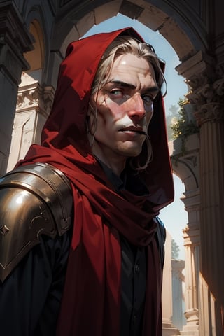 A portrait of a 25 year old man,  Man has white greasy shoulder length hair that is parted in the middle,  He has yellow metallic,skin with yellow eyes, the man is very thin with gaunt cheeks, sunken cheeks, hollow eyes, bags under his eyes, Man is wearing red wizards robes with a large hood, eye_contact, focus on eyes, man looks sick. Evil grin, sarcastic,  Thick red scarf around his neck, evil_man, furrowed brows, mysterious, Dangerous,  large Hood pulled up over his head, wearing a very large red hood, Hair framing his face,  view from below, deep shadows, face is in shadow, Setting is a greek marble ruin,  midnight,  night time,man is wearing a red robe, red garments,  all red clothing, long face, long nose,