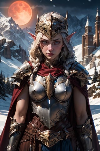 upper body of a slender paladin elf girl in ornate blue heavy metal armor with gold fillegre, extra large ornate blue pauldrons with gold trim fillegre, ornate breastplate with fillegre,  very long twin_braids,  honey_blonde hair,  hazel eyes,  bright pupils,  eye focus, long red cape, standing on snow covered field,  high mountain range in the distant background, snow is falling lightly, winter, midnight,  red_moonlight, medium red moon , particles,  light beam,  chromatic aberration, small breasts, brown leather gloves, pale_skin,  slim,, smooth_skin, detailed_eyes,  Silver jewelry, looking at camera, damaged armor, fur trimmed clothing, determined, silver helmet,
