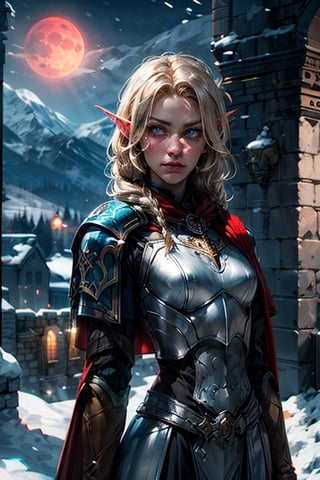 upper body of paladin girl in ornate blue heavy metal armor with gold trim and celtic designs, extra large ornate blue pauldrons with gold trim celtic designs, ornate breastplateceltic designs,  extra long twin_braids,  honey_blonde hair,  hazel eyes,  bright pupils,  eye focus, long red cape, standing ontop of castle wall, mountain range in the background,snow, snow fall, winter, midnight,  red_moonlight, 2moons, large red moon in the center, medium sized silver moon in the back ground, particles,  light beam,  chromatic aberration, elf ears, fantasy, small breasts,leather gloves, pale_skin, determined, hero,
