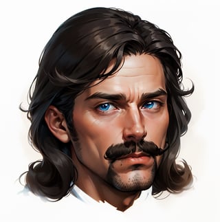 human male, noble bearing, 29 years old, his long hair was already starting to turn gray, handlebar mustache, long mustache, no stubble, He has blue eyes,