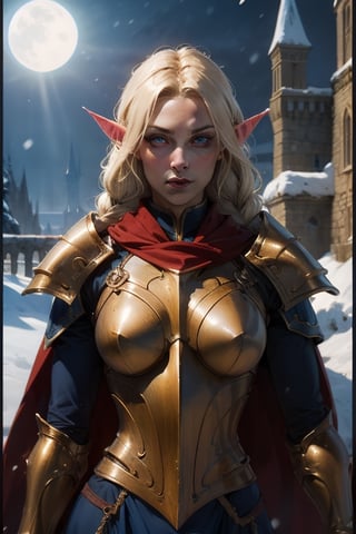 upper body of paladin girl in ornate blue heavy metal armor, extra large blue pauldrons with gold trim,  breastplate, twin_braids,  blonde,  hazel eyes,  bright pupils,  eye focus, long red cape, Castle rooftop, snow, snow falling, midnight,  moonlight,  particles,  light beam,  chromatic aberration, elf ears, fantasy, small breasts,leather gloves, pale_skin, determined, hero