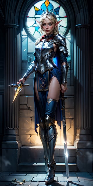 full body of paladin  elf lady in ornate blue armor, white collar, pauldrons with trim, breastplate with celtic designs, glowing halo, double braid infront of ears,hair parted in the middle, honey_blonde hair, hazel  eyes, bright pupils, eye focus, red wool cape, temple indoors, stained glass windows, night, moonlight, particles, light beam, chromatic aberration, cowboy_shot, holding_sword, legs_apart, standing_up, small thin silver tiara with a leaf design, long blue skirt with red trim