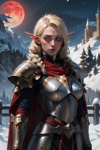 upper body of paladin girl in ornate blue heavy metal armor, extra large blue pauldrons with gold trim,  breastplate, twin_braids,  blonde,  hazel eyes,  bright pupils,  eye focus, long red cape, ruined Castle battlements, mountains in the background, rubble,snow, snow fall, winter, midnight,  red_moonlight, 2moons, large red moon in the center, small silver moon in the distant back ground, particles,  light beam,  chromatic aberration, elf ears, fantasy, small breasts,leather gloves, pale_skin, determined, hero, holding a lance in one hand, 