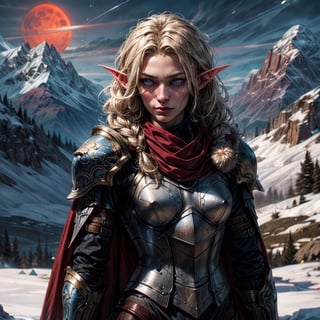 upper body of a slender elf girl in ornate blue metal armor with gold fillegre, large ornate blue pauldrons with gold trim fillegre  paladin, very long twin_braids,  honey_blonde hair,  hazel eyes,  bright pupils,  eye focus, long red wool cape, standing on snow covered field,  high mountain range in the distant background, snow is falling lightly, winter, midnight,  red_moonlight, medium red moon , particles,  light beam,  chromatic aberration, small breasts, brown leather gloves, pale_skin, detailed_eyes, looking at camera, damaged  armor, dirty armor, fur trimmed clothing, embroidered scarf, round face, blue dragon flying away in the distant background, long_sleeve,   side view,
