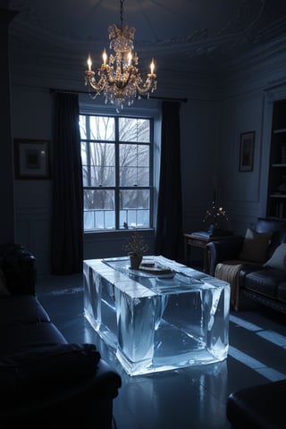 no people, 
a fantasy setting, winter time, cold blue light, everything in the room is made out of the same material(ice), Ice walls, Ice floors, Ice table, Ice ceiling, ontop of the table is an open  leather bound spellbook,, the whole room is covered in frost and snow, particles, chandelier is made from ice