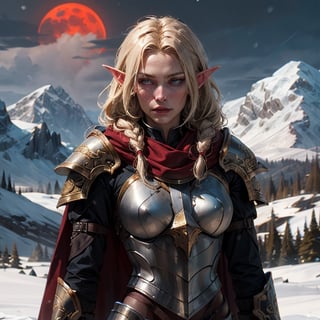 upper body of a slender paladin elf girl in ornate blue metal armor with gold fillegre, large ornate blue pauldrons with gold trim fillegre, ornate breastplate with fillegre,  very long twin_braids,  honey_blonde hair,  hazel eyes,  bright pupils,  eye focus, long red wool cape, standing on snow covered field,  high mountain range in the distant background, snow is falling lightly, winter, midnight,  red_moonlight, medium red moon , particles,  light beam,  chromatic aberration, small breasts, brown leather gloves, pale_skin,  slender, smooth_skin, detailed_eyes, looking at camera, damaged  armor, dirty armor, fur trimmed clothing, embroidered scarf, round face, blue dragon flying away in the distant background, padded gambeson, long_sleeve, gauntlets, gorget,