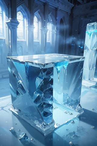 no people, 
a fantasy setting, winter time, cold blue light, everything in the room is made out of the same material(ice), Ice walls, Ice floors, Ice table, Ice ceiling