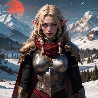 upper body of a slender elf girl in ornate blue metal armor with gold fillegre, large ornate blue pauldrons with gold trim fillegre  paladin, very long twin_braids,  honey_blonde hair,  hazel eyes,  bright pupils,  eye focus, long red wool cape, standing on snow covered field,  high mountain range in the distant background, snow is falling lightly, winter, midnight,  red_moonlight, medium red moon , particles,  light beam,  chromatic aberration, small breasts, brown leather gloves, pale_skin,  slender, smooth_skin, detailed_eyes, looking at camera, damaged  armor, dirty armor, fur trimmed clothing, embroidered scarf, round face, blue dragon flying away in the distant background, padded gambeson, long_sleeve, gauntlets, gorget, smooth skin, 