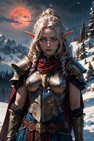 upper body of a slender paladin elf lady in ornate blue metal armor with gold fillegre, extra large ornate blue pauldrons with gold trim fillegre, ornate breastplate with fillegre,  very long twin_braids,  honey_blonde hair,  hazel eyes,  bright pupils,  eye focus, long red cape, standing on snow covered field,  high mountain range in the distant background, snow is falling lightly, winter, midnight,  red_moonlight, medium red moon , particles,  light beam,  chromatic aberration, small breasts, brown leather gloves, pale_skin,  slender, smooth_skin, detailed_eyes,  Silver jewelry, looking at camera, dented armor, fur trimmed clothing, round face, woman,tweyen \(granblue fantasy\)