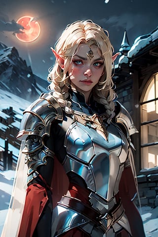 upper body of paladin girl in ornate blue heavy metal armor with gold trim, extra large ornate blue pauldrons with gold trim,  ornate breastplate, twin_braids,  blonde,  hazel eyes,  bright pupils,  eye focus, long red cape, standing ontop of castle wall, mountain range in the background,snow, snow fall, winter, midnight,  red_moonlight, 2moons, large red moon in the center, medium sized silver moon in the back ground, particles,  light beam,  chromatic aberration, elf ears, fantasy, small breasts,leather gloves, pale_skin, determined, hero,
