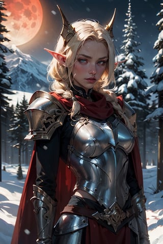upper body of paladin girl in ornate blue heavy metal armor with gold trim and celtic designs, extra large ornate blue pauldrons with gold trim celtic designs, ornate breastplate with celtic designs,  extra long twin_braids,  honey_blonde hair,  hazel eyes,  bright pupils,  eye focus, long red cape, standing on snow covered field,  with a high mountain range in the background covered in pine trees and snow, snow is falling lightly, winter, midnight,  red_moonlight, 2moons, large red moon in the center, medium sized silver moon in the back ground, particles,  light beam,  chromatic aberration, elf ears, fantasy, small breasts,leather gloves, pale_skin, hero,slim, detailed_background, smooth_skin, detailed_eyes,  eye_contact, no horns, no hair decorations, 