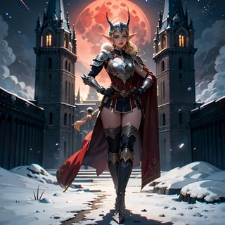 full body of paladin elf lady in ornate blue armor, white collar,  very large pauldrons with gold trim, ornate breastplate, double braid infront of ears, hair parted in the middle, honey_blonde hair, hazel _eyes, bright pupils, eye focus, long red wool cape, castle courtyard, fantasy setting,  silver_moon, Red moon,night_sky, winter setting,moonlight, particles, light beam, chromatic aberration, facing viewer,  standing_up, fur trimmed armor, very long skirt with red trim, waist long hair faling down her backside, facing viewer, defiant, heroic, legs planted firmly apart on the ground, high cheek bones, pouting lips, red lips, small bell shaped helmet with a red pennant on top, leather boots, leg armor, hands on hips, leather gloves, leather pants, 