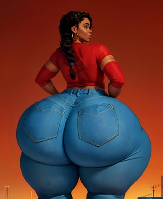  ((wide hips)), red shirt, blue jeans, ((view from behind)), ((bottomheavy)), ((braided hair)), riomorales, (street background)